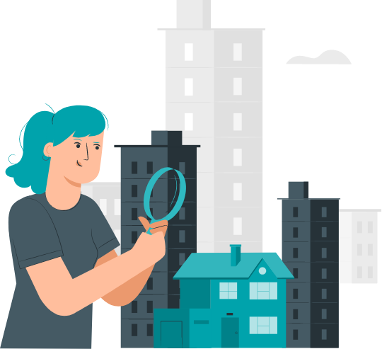 An illustration of a woman looking at a fully furnished housing directory